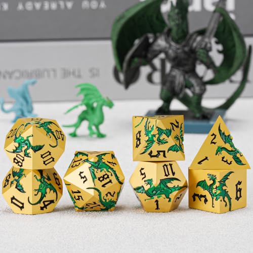 Metal DND Dragon Dice Set,D&D Polyhedral Dice with Dragon for Dungeons and Dragons RPG TTRPG D and D 7-Die Set with Gift Case Dragon-Pearl Gold Transparent Green - color: Dragon-pearl Gold Transparent Green