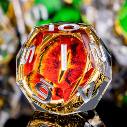Magic Golden Ring DND Dice Set Sharp Edge Red Gaze Eye Resin Dice with Box, for use with RPG D&D Tabletop Games Lord D and D Polyhedral Dice Set - color: Ring -Eye-silver Numbers