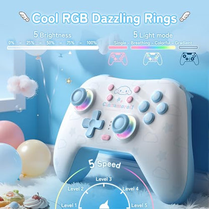 Kuitmor Cinnamoroll Switch Pro Controller, Cute Hall Effect Wireless Gamepad No Drift for Switch 2/Switch/OLED/Lite, PC/Steam, Android, iOS, Bluetooth + Wired, Turbo, Back Buttons, 6-Aixs Gyro, Wake-up, RGB (Blue, Without 2.4g Receiver) - color: Blue