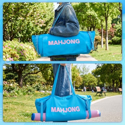 Abbylike 28x9 Inches Mahjong Bag for Rolled Mat Tiles Racks Pushers Accessories Empty Mahjong Tote Bag with Zipper Closure Outer Pockets Lining Large Capacity(Blue,Canvas) - color: Blue