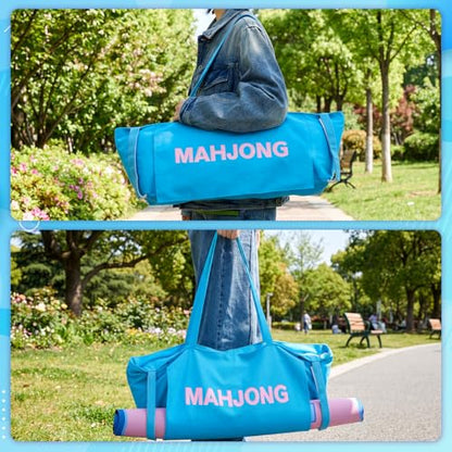 Abbylike 28x9 Inches Mahjong Bag for Rolled Mat Tiles Racks Pushers Accessories Empty Mahjong Tote Bag with Zipper Closure Outer Pockets Lining Large Capacity(Blue,Canvas) - color: Blue
