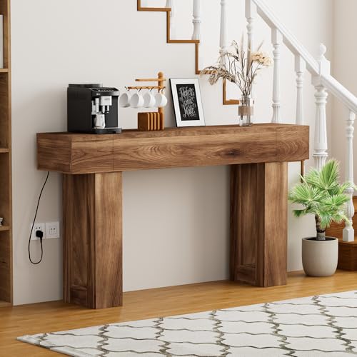 63 Inch Long Console Table, Narrow Rectangular Sofa Table Behind The Couch, Farmhouse Entryway Table for Entrance, Hallway, Living Room (Brown) - color: Brown, style: No Socket