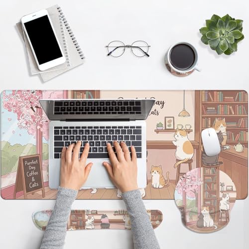 Arttown Keyboard Mouse Pad Set, 4 in 1 Desk Mat Set Cat Flower Pink | Cute Coffee Large Mousepad+Keyboard Wrist Rest+Mouse Wrist Rest+Coaster Ergonomic Design for Home Office Computer - color: Cat Flower