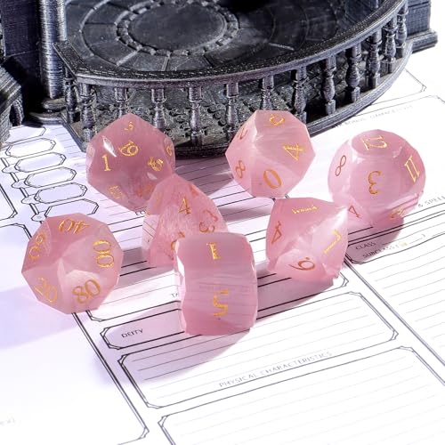 Pink Cat's Eye Dice Set, 7-Piece Handcrafted Polyhedral Dice with Gold Engraving, Ideal for D&D, RPG, MTG&Tabletop Games, Gift Box Included (Cat's Eye - Pink) - color: Cat's Eye - Pink