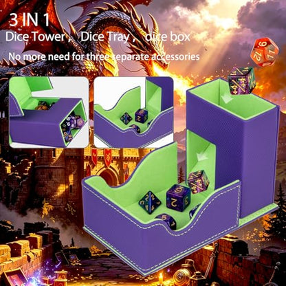 Dice Roller Tower, Premium DND Magnetic Dice Tray, Foldable PU Leather Dice Tower RPG Gifts for Dungeons and Dragons MTG Dm & Player Purple/Green（Grove Dragon） - color: Purple/Green