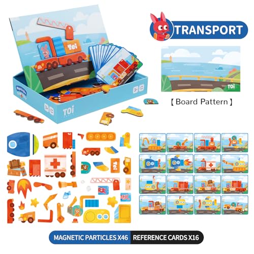 Toi Kids Magnet Toys Magnetic Jigsaw Puzzle Boxes with Game Board for Kids Ages 3-8, Preschool Tabletop Toy for Toddlers, Portable Travel Game, Vehicle - style: Vehicle