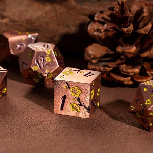 UDIXI Metal DND Dice Set, 7PCS Metal Polyhedral Dice Set Copper for D&D RPG | Yellow Flower, Metal Case Packaging, Heavy Metal Dice, D&D Gift, for Dungeons and Dragons Role Playing Games Tabletop Games - color: Copper-purple