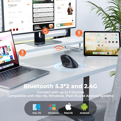 MEETION Ergonomic Mouse, Wireless Bluetooth Vertical Mouse with 3 Multi-Device for Bluetooth(5.3 * 2) & USB-A to USB-C Adapter, 4 DPI 1200-3200 Ergo Mice for Mac/Windows/Laptop/Computer(Large Hands) - color: Jet Black