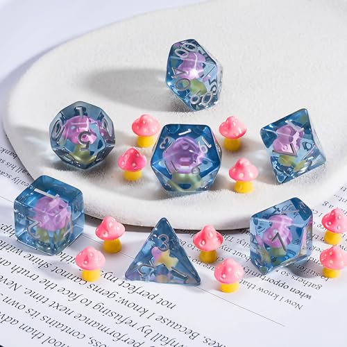 Mushrooms DND Dice Set, Resin Animal Polyhedral Dice for Dungeons and Dragons, RPG, MTG D&D 7-DIE (D4, D6, D8, D10, D12, D20, D%) - color: Pink Mushrooms