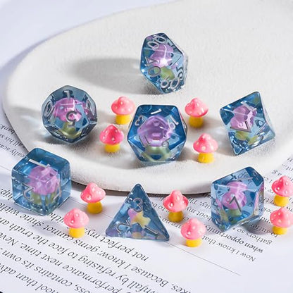 Mushrooms DND Dice Set, Resin Animal Polyhedral Dice for Dungeons and Dragons, RPG, MTG D&D 7-DIE (D4, D6, D8, D10, D12, D20, D%) - color: Pink Mushrooms