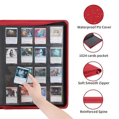 Snekdy premium 1024-pocket trading card binder, Card Albums 16 pockets, waterproof PU-leather Cover album with side loading, holds gaming, baseball (Red) - color: Red