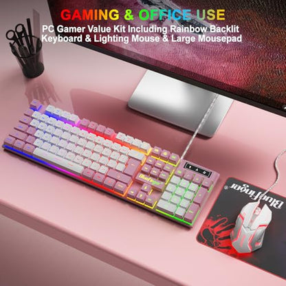 BlueFinger RGB Gaming Keyboard and Backlit Mouse Combo, USB Wired, LED Gaming Set for Laptop PC Computer Game and Work (Pink & White) - color: Pink & White