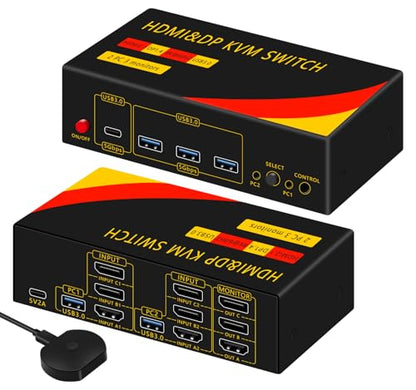 2*DP+1*HDMI KVM Switch 3 Monitors 2 Computers | 8K@60HZ, USB3.0, Display Port, Extended and Copy Mode, Share USB Devices - size: 2 PC 2 Monitor-8K Red+