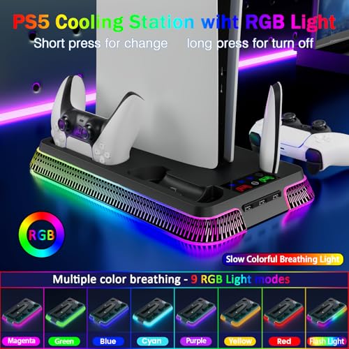 PS5 Stand for PlayStation 5 Console, PS5 Cooling Station & Charging Station with RGB, PS5/Slim/Pro Controller Charger Incl.3 Level Fan,Headset, PS5/Slim/Pro Accessories Comes 3 USB Ports - color: Piano-Black