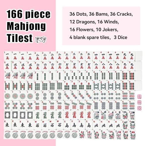 American Mahjong Tile Set, 166 Pink Mahjong Tiles with Carry Bag | 1.2-Inch Engraved Tiles, Melamine, Durable, Portable, with Mahjong Bag & 3 Dices for Travel, Family Game Nights, and Gifting - color: Pink