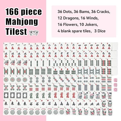 American Mahjong Tile Set, 166 Pink Mahjong Tiles with Carry Bag | 1.2-Inch Engraved Tiles, Melamine, Durable, Portable, with Mahjong Bag & 3 Dices for Travel, Family Game Nights, and Gifting - color: Pink