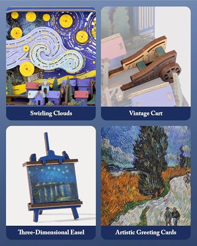 3D Wooden Puzzles for Adults Van Gogh Starry Night DIY Model Building Kits with LED Light - Home Decor, Wall Art & Unique Creative Gifts for Art Lovers/Men/Women - style: Starry Night