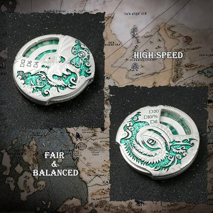 DNDND Dragon Roulette Spinner Metal Dice 7-in-1 Fidget Spinner DND Dice Set with Gorgeous Gift Box for Dungeons and Dragon and Tabletop Game (Silver with Green) - color: Dragon Silver Green
