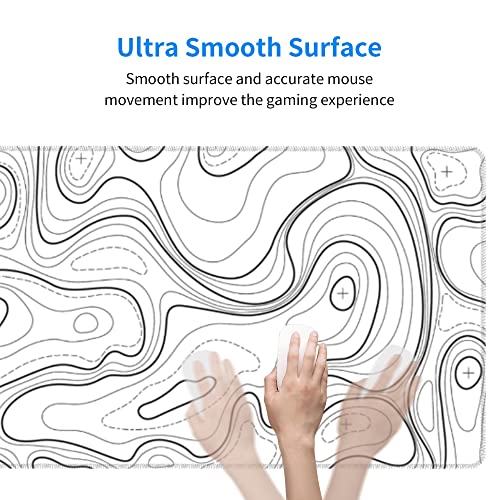 White Topographic Contour XL Gaming Mouse Pad Extended Long Large Mousepad with Stitched Edges Laptop Desk Pad Computer Keyboard PC Mouse Mat Nonslip Rubber Base for Company Office Gamer - color: White Topographic, size: 31.5" x 11.8"