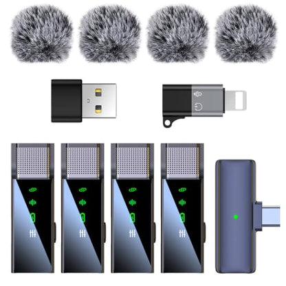 4 Wireless Lavalier Microphone System for iPhone Android Phone Computer, Mini Lapel Mic with USB C/Lightning, 48KHz 24Bit, Reverb,Noise Cancelling for Video Recording Podcast Stream Vlog TikTok