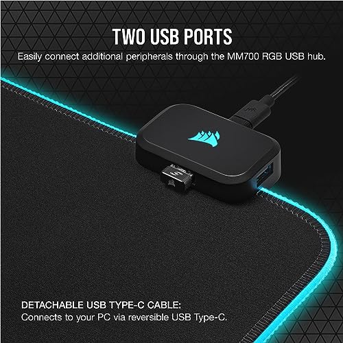 Corsair MM700 RGB Extended Cloth Gaming Mouse Pad - 36.6" x 15.8" - 360° RGB Lighting - Two USB Port Hub - Thick Rubber - Black - size: 36.6L x 15.8W inches
