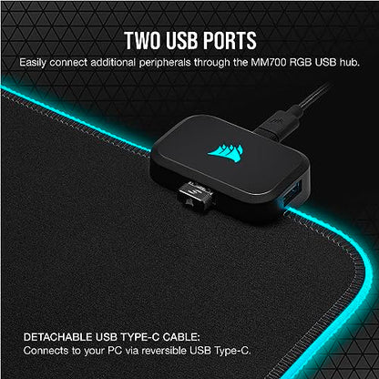 Corsair MM700 RGB Extended Cloth Gaming Mouse Pad - 36.6" x 15.8" - 360° RGB Lighting - Two USB Port Hub - Thick Rubber - Black - size: 36.6L x 15.8W inches