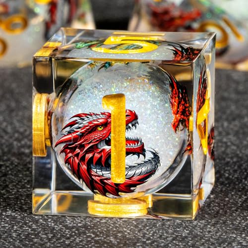 KERWELLSI Liquid Core Dragons Pattern Dice, Resin DND Dice Set with Gift Box, White and Gold Sharp Edged Dungeons D&D Dice, Role Playing Game Dice D20 D12 D10 D8 D6 D4 - color: White and Gold