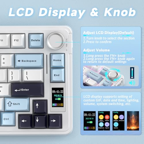 AULA S75 PRO Wireless Mechanical Keyboard with Screen&Knob, 75% Hot Swappable Gaming Keyboard with Pre-lubed Switches, RGB Backlit, PBT Keycaps Creamy Sounding Pc Gaming Keyboards - color: White&Blue