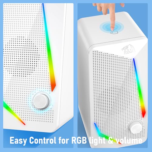Redragon GS510 RGB Desktop Speakers, 2.0 Channel PC Computer Speaker with 4 Colorful LED Backlight Modes, Enhanced Bass and Easy-Access Volume Control, USB Powered w/ 3.5mm Cable, White - color: White