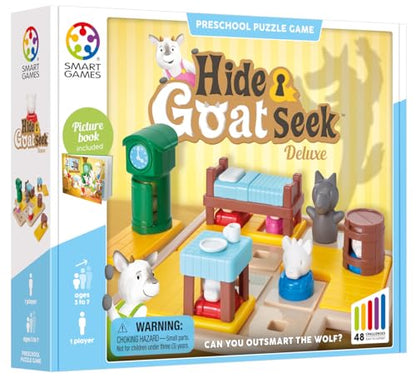 SmartGames Hide and Goat Seek — Shape-Matching Logic Puzzle with Storybook | Help 7 Goats Outsmart the Wolf | 48 Challenges | Ages 3–7