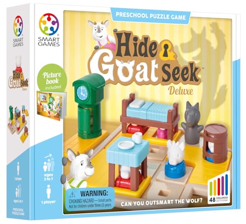 SmartGames Hide and Goat Seek — Shape-Matching Logic Puzzle with Storybook | Help 7 Goats Outsmart the Wolf | 48 Challenges | Ages 3–7