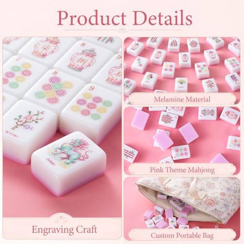 160-Piece Pink Chinoiserie American Mahjong Tile Set for Beginners | 1.2 × 0.9 × 0.5 in, Melamine Tiles with Dice, Engraved Easy-Read Tiles, Game Nights, Storage Bag & Accessories, No Racks