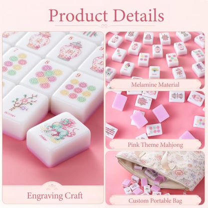 160-Piece Pink Chinoiserie American Mahjong Tile Set for Beginners | 1.2 × 0.9 × 0.5 in, Melamine Tiles with Dice, Engraved Easy-Read Tiles, Game Nights, Storage Bag & Accessories, No Racks