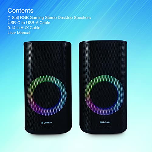 Verbatim RGB Gaming Stereo Desktop Speakers Bluetooth 5.0 3.5mm AUX-in Connection – Black