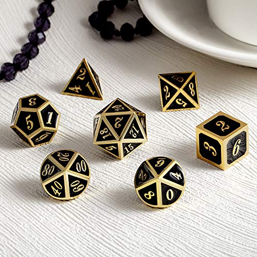 DNDND Metal Dice Set D&D, 7 die Metallic Polyhedral Dice Set with Gift Metal Box and Gold Number for DND Dungeons and Dragons Role Playing Games (Black and Gold) - color: Black With Gold