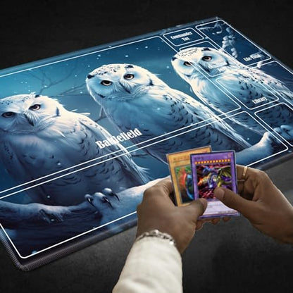 Board Game Mat TCG Playmat Plus 50 Pcs Card Sleeves, 24 x 14 inches Table Mats Games Mousepad with Zones Smooth Surface for MTG RPG CCG Trading Card Game Play Mats, Snow Owls - color: Snow Owls, size: Zone 1