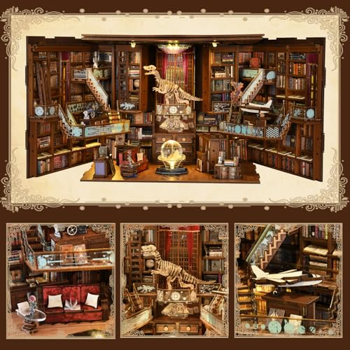MiniCity Beyond Library Book Nook Kit, Wooden Miniature House with LED | 1074-piece wood/paper/plastic kit with LED and dust cover; glue/tools included; 8-10 hr build for shelf decor, ages 14+. - style: Beyond Library Max