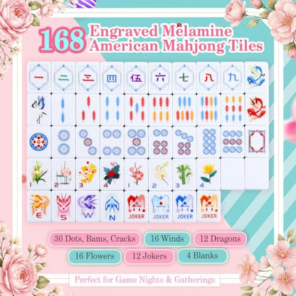 Blue American Mahjong Set, 168 Melamine Tiles | Includes 168 Mahjong tiles with 12 jokers and a gift box. Portable for game nights, weekly clubs and gifting. - color: Blue