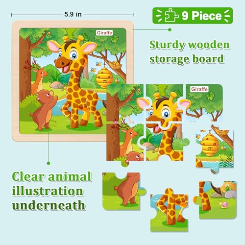 Wooden Puzzles for Toddlers 3+, 9 Pieces Animal Jigsaw Puzzles for Kids Ages 3-5, Preschool Learning Activities, Learning & Educational Toys, Gifts for Boys, Girls - color: Animals1