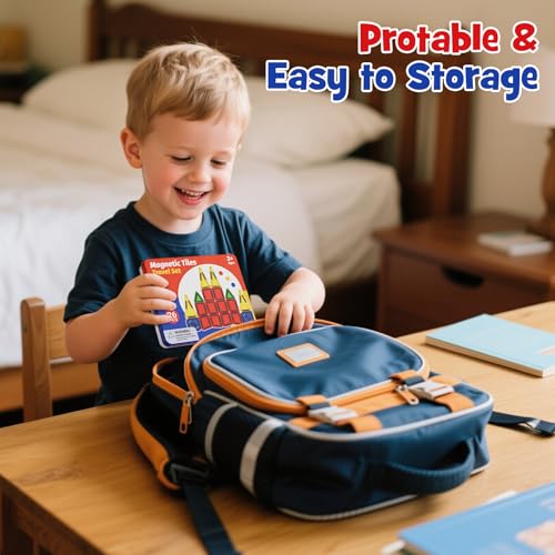 WMXDU Travel Magnetic Tiles Set: Keep Kids Quiet on Planes & in Cars | 26 Tiles -Mess-Free Creative Play. Sturdy Iron Box Doubles as a Building Base. No More Lost Pieces During Travel - style: 26pcs-Orange