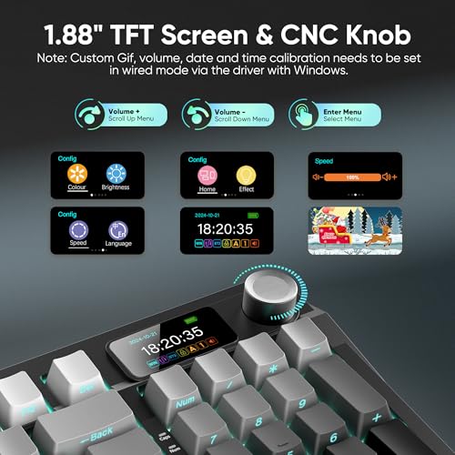 RedThunder K95 Wireless Mechanical Keyboard,TFT Screen & Knob, Trip-Modes Connection, Gasket Custom Hot-Swap Keyboard, RGB Backlit, Pre-lubed Linear Switches, Side Printed PBT Keycaps, Gray Gradient - color: Gradient Gray
