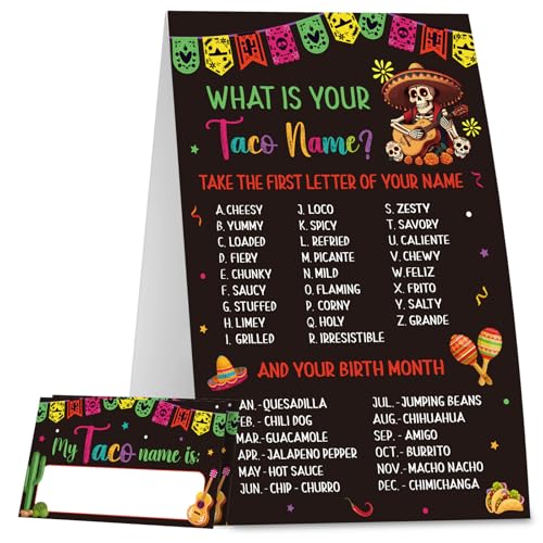 COCHIE Taco Game for Party Family Adults Office Large Groups, What is Your Taco Name Game Mexican Fiesta Party Decorations with 36 Name Label Stickers - 36 Players (Taco-Games)