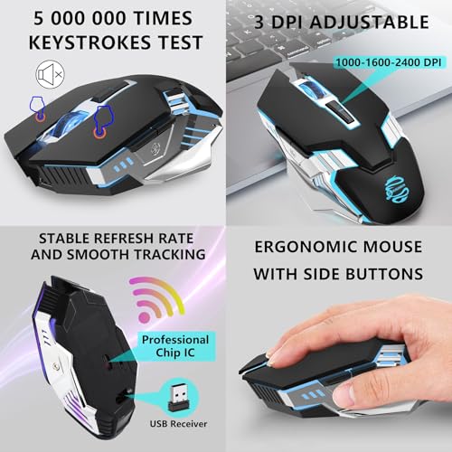 3-Mode RGB Silent Rechargeable Wireless Gaming Mouse Black | BT5.0/BT3.0+2.4G connection, RGB backlight & quiet click, for gaming office, compatible with Laptop, PC, Mac, iPad & Tablet