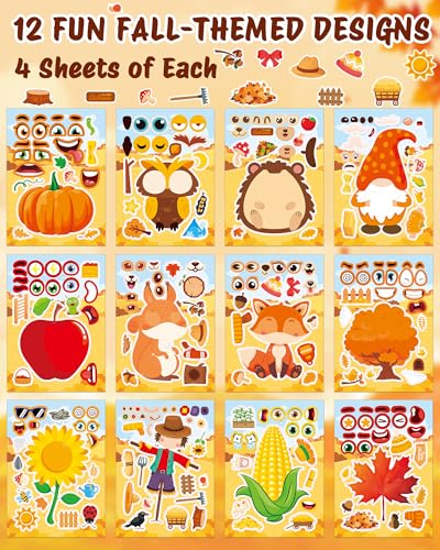 Aowplc 48 Sheets Fall Make a Face Stickers, 12 Designs Fun Fall Crafts for Kids, Autumn Festival Party Favors, Classroom Activities & Games - style: Fall Harvest