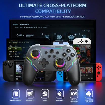 EJGAME Wireless Controller Compatible with Switch/Switch 2/PC/Steam Deck, Hall Effect Joysticks & Triggers/Wake-up/Turbo/RGB Light/Programmable/Dual Vibration,USB Bluetooth Adapter for PC (Black)