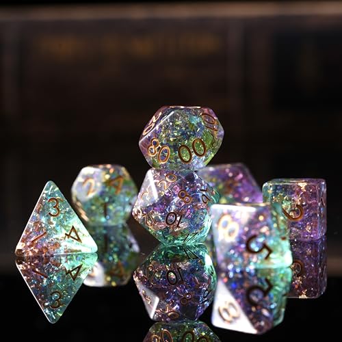 Prismatic Realm Resin Dice Set for DND – 7pc Polyhedral Set with Glitter & Foil – Stunning and Cool RPG Dice for Dungeons & Dragons, and Other TTRPGs – Unique Natural Distribution - color: Prismatic Realm