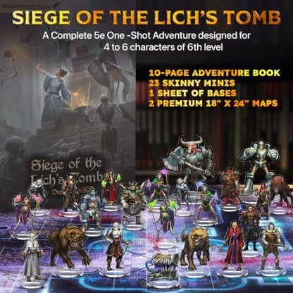 Wondrous One Shot – Siege of the Lich's Tomb, Complete 5e One-Shot Adventure, 24 Fantasy Miniatures with Bases, Adventure Book & 2 Double-Sided Encounter Maps, D&D Compatible TTRPG Campaign
