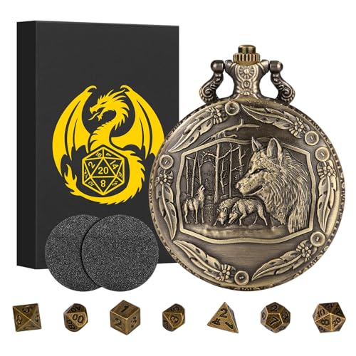 Mini DND Dice Set with Steampunk Wolf Pocket Watch Shell Case, 7pcs Polyhedral Metal D&D Dice, DND Gifts with Gift Box, Role Playing Board Games Accessories - color: Bronze