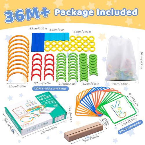 142pcs Wooden Pattern Blocks Montessori Smart Sticks Wooden Tangram Puzzle STEM Toy Activities Preschool Brain Teaser Montessori Toys Gift for 3 4 5 Years Old Kids Boys Girls