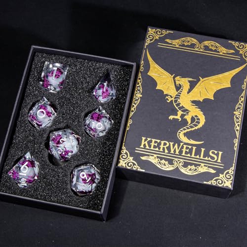KERWELLSI Cat Liquid Core DND Dice Set with Gift Box, 7Pcs Resin Dungeons Sharp Edge D&D Dice, Dragons D and D Role Playing Dice D20 D12 D10 D8 D6 D4, White and Purple Cat - color: White and Purple Cat